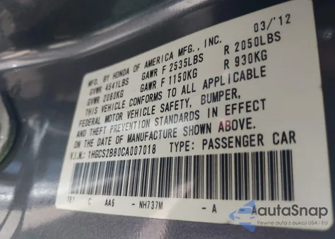 2012 Honda Accord 3.5 Ex-L из США, поврежденный, VIN 1HGCS2B80CA007018